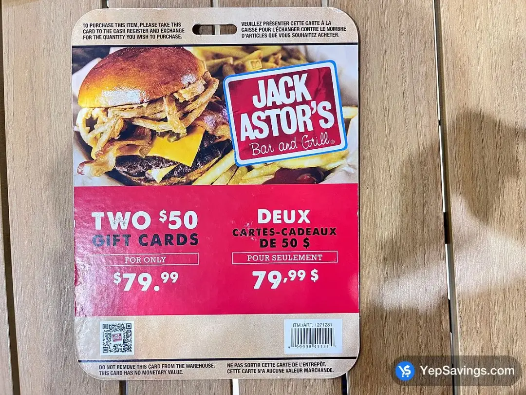 JACK ASTOR'S GIFT CERTIFICATES 2 x $50 - Costco Canada (ITM 1271281)