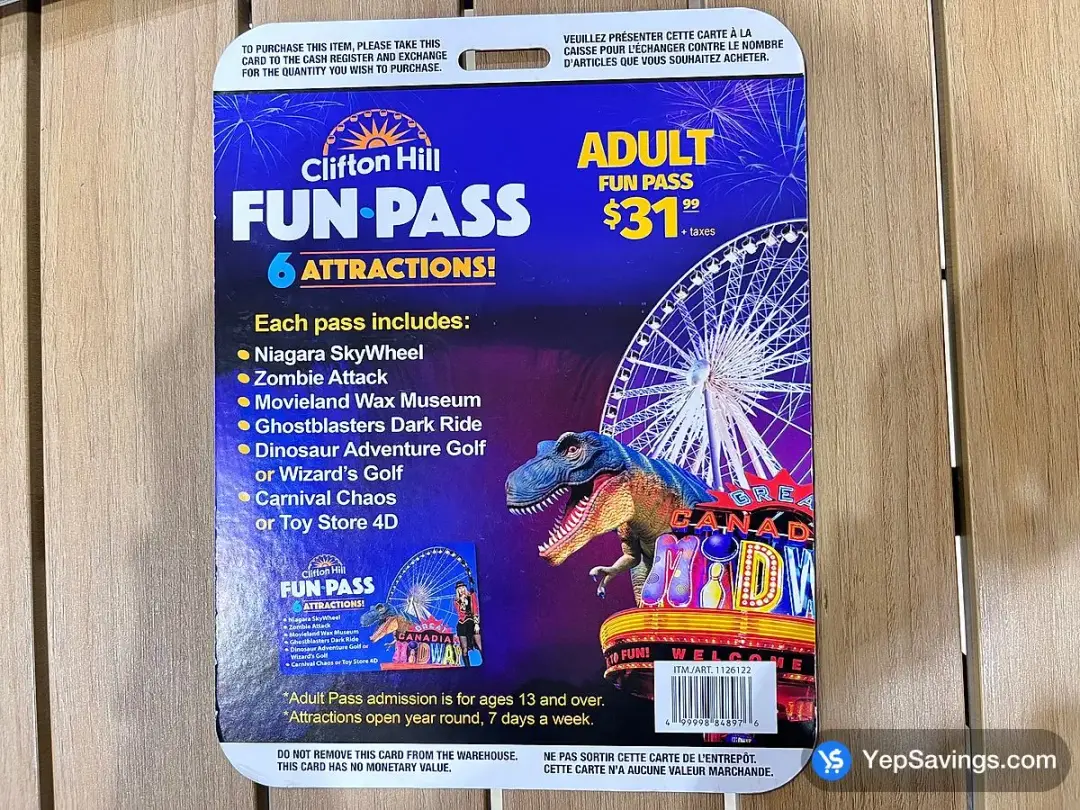 CLIFTON HILL FUN PASS ADULT 6 ATTRACTIONS ITEM IS NON - REFUNDABLE - Costco Canada (ITM 1126122)