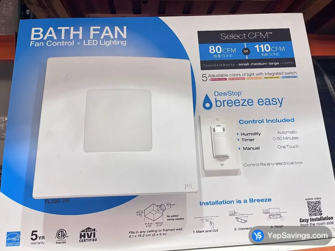 DEWSTOP BATHROOM FAN & SWITCH 80 / 110 CFM - Costco Canada (ITM 3195227)