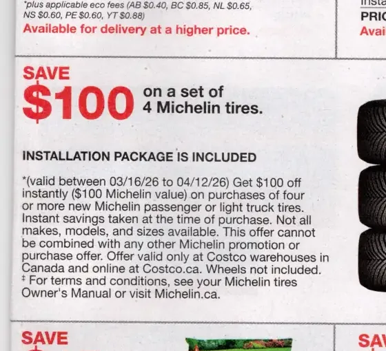 Costco Michelin tire offer in the Mar 16 – Apr 12, 2026 flyer