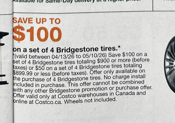 Costco Bridgestone tire offer in the Apr 13 – May 10, 2026 flyer