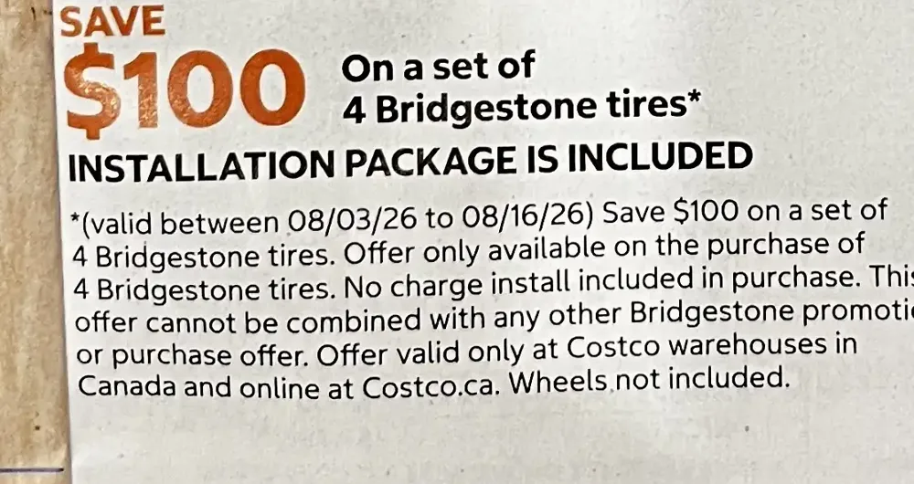 Costco Bridgestone tire offer in the Aug 3 – 16, 2026 flyer
